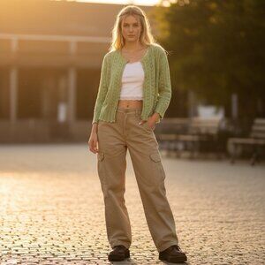 Y2K Cropped Apple Green Open Pointelle Knit Womens Cardigan Sweater Size Small